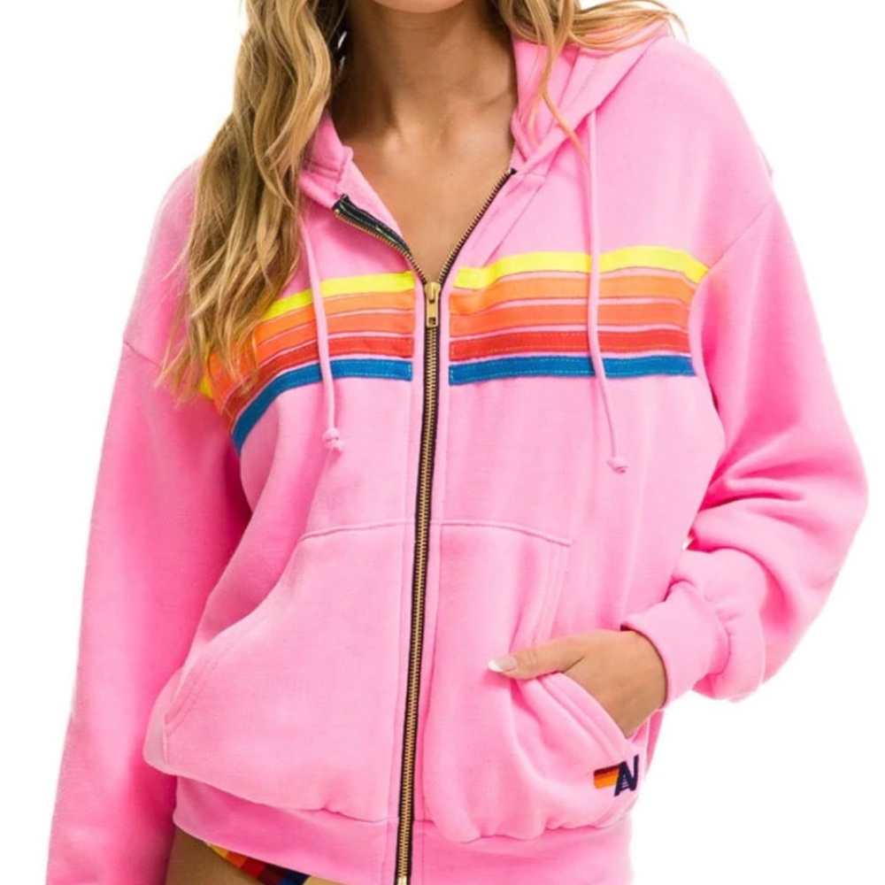 Aviator Nation Pink Zip up Hoodie with Rainbow Stripes